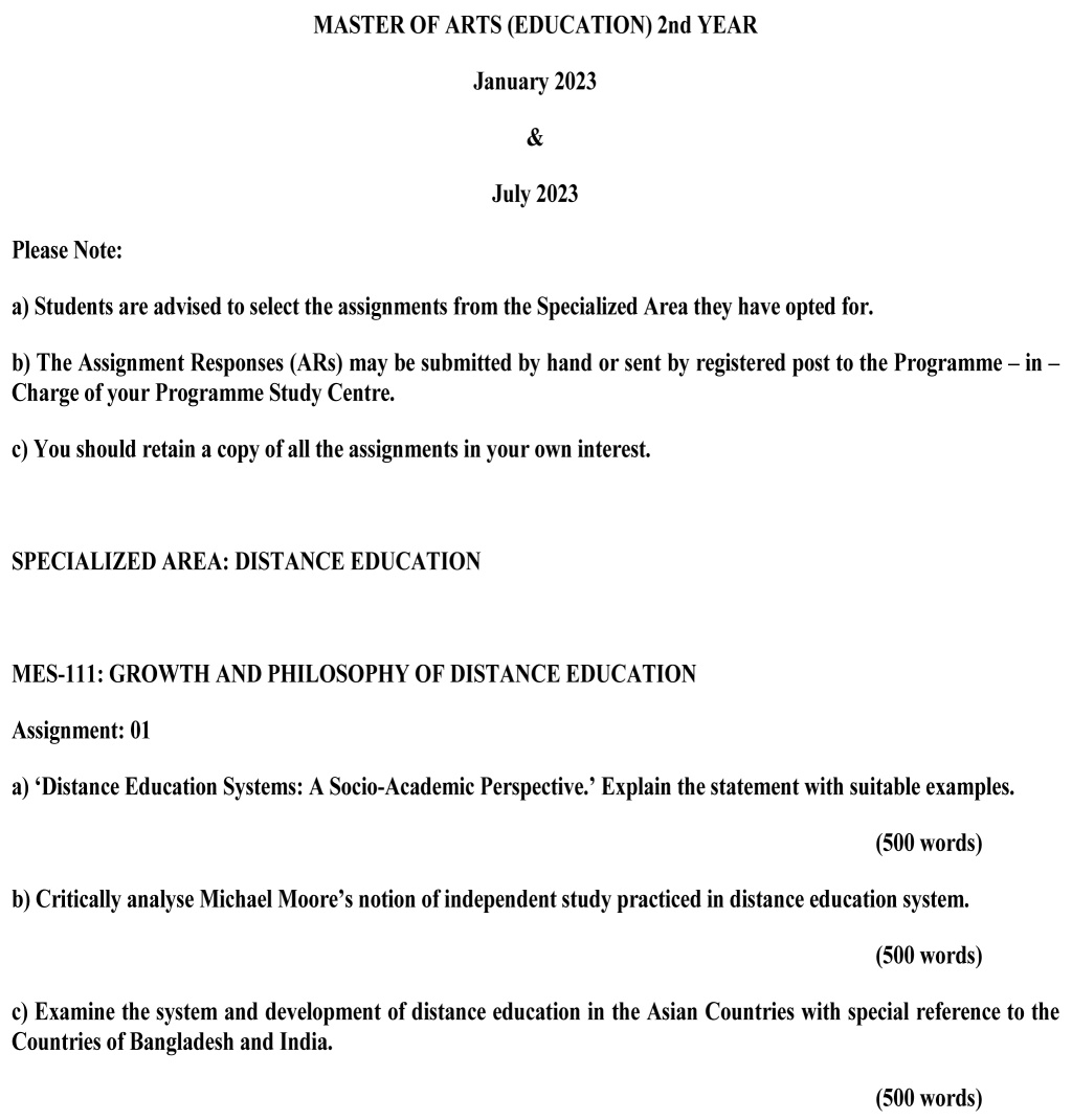 IGNOU MES-111 - Growth and Philosophy of Distance Education, Latest Solved Assignment-January 2023 - July 2023