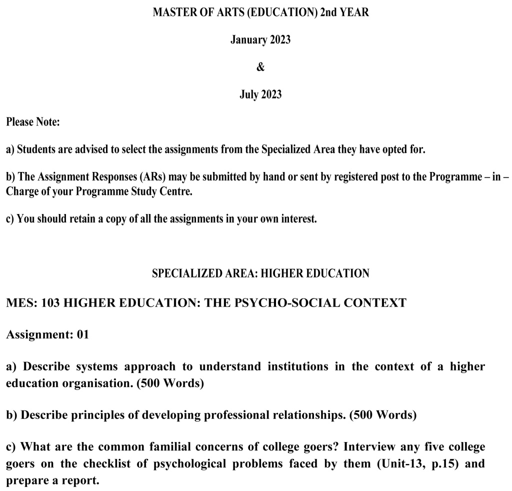 IGNOU MES-103 - Higher Education: The Psycho-social Context, Latest Solved Assignment-January 2023 - July 2023