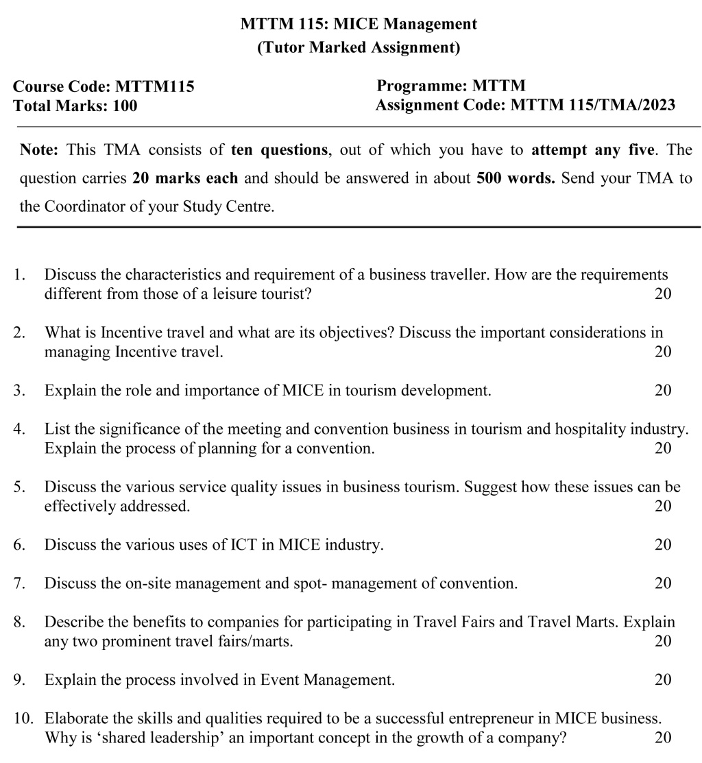 IGNOU MTTM-115 - MICE Management Latest Solved Assignment-January 2023 - July 2023