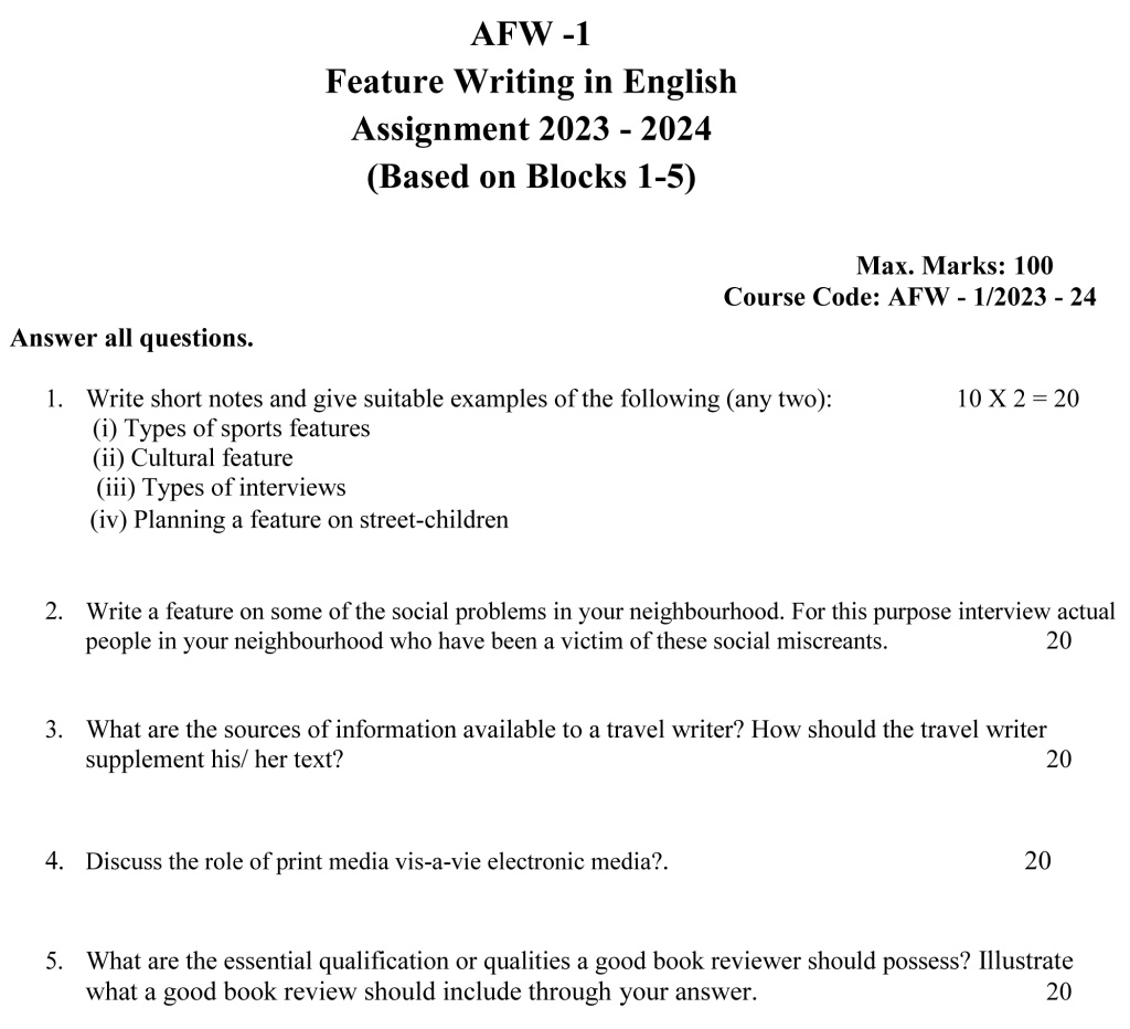 IGNOU AFW-01 - Feature Writing Latest Solved Assignment-July 2023 – January 2024