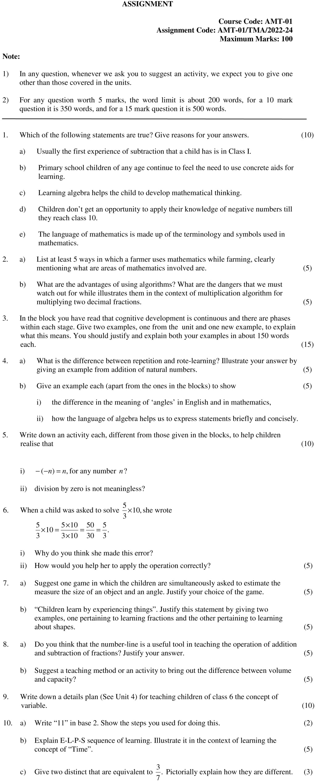 IGNOU AMT-01 - Teaching of Primary School Mathematics, Latest Solved Assignment-July 2023 - January 2024