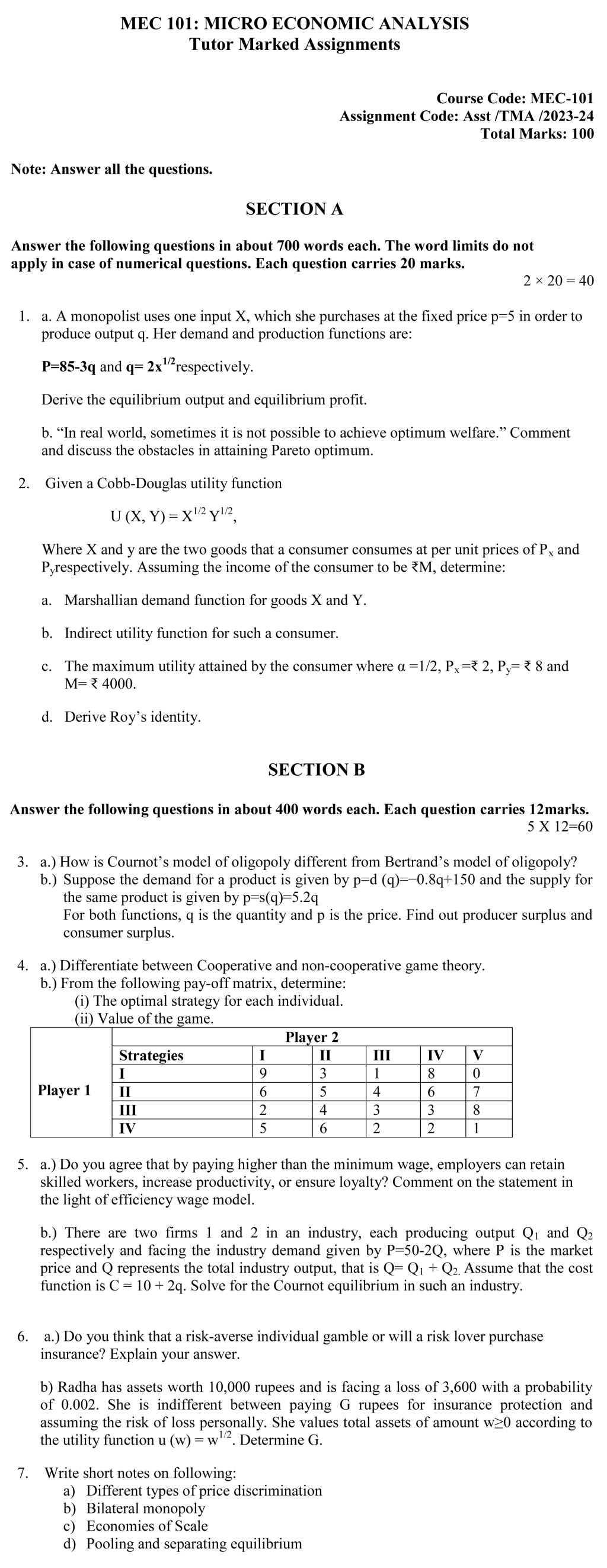 IGNOU MEC-101 - Microeconomic Analysis Latest Solved Assignment-July 2023 – January 2024