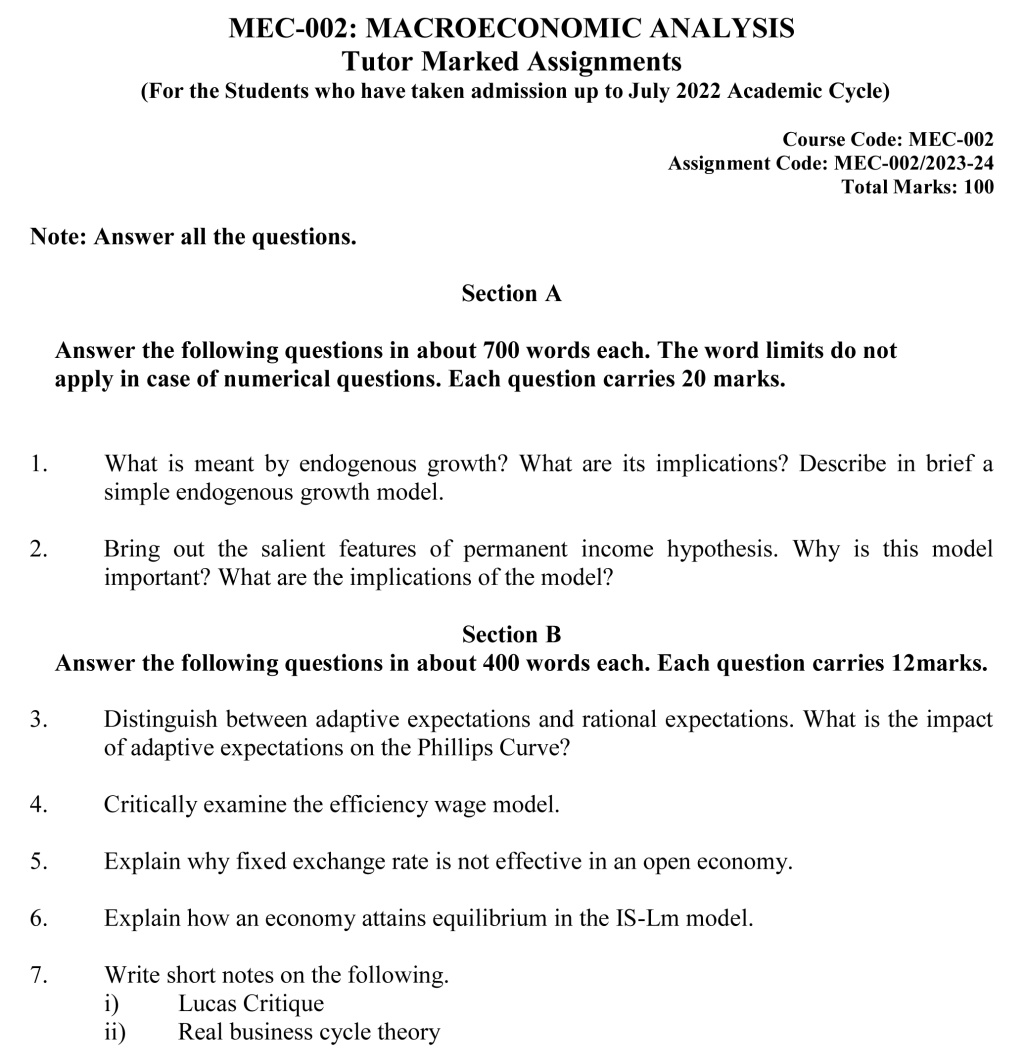 IGNOU MEC-02 - Macroeconomic Analysis Latest Solved Assignment-July 2023 – January 2024