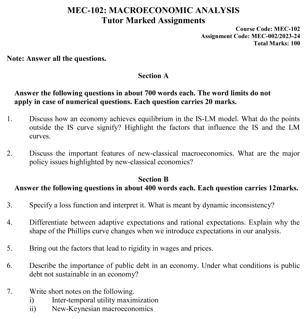 IGNOU MEC-102 - Macroeconomic Theory and Analysis Latest Solved Assignment -July 2023 - January 2024