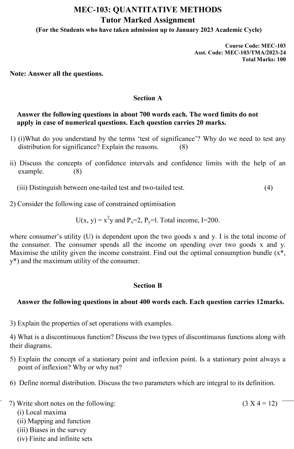 IGNOU MEC-103 - Quantitative Methods New Latest Solved Assignment -July 2023 – January 2024