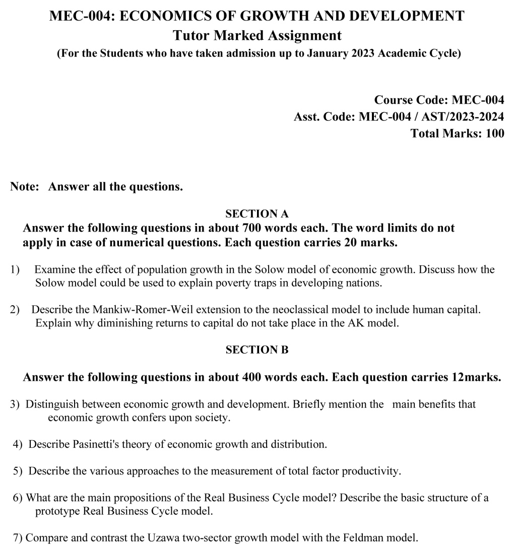 IGNOU MEC-04 - Economics of Growth and Development Latest Solved Assignment-July 2023 – January 2024