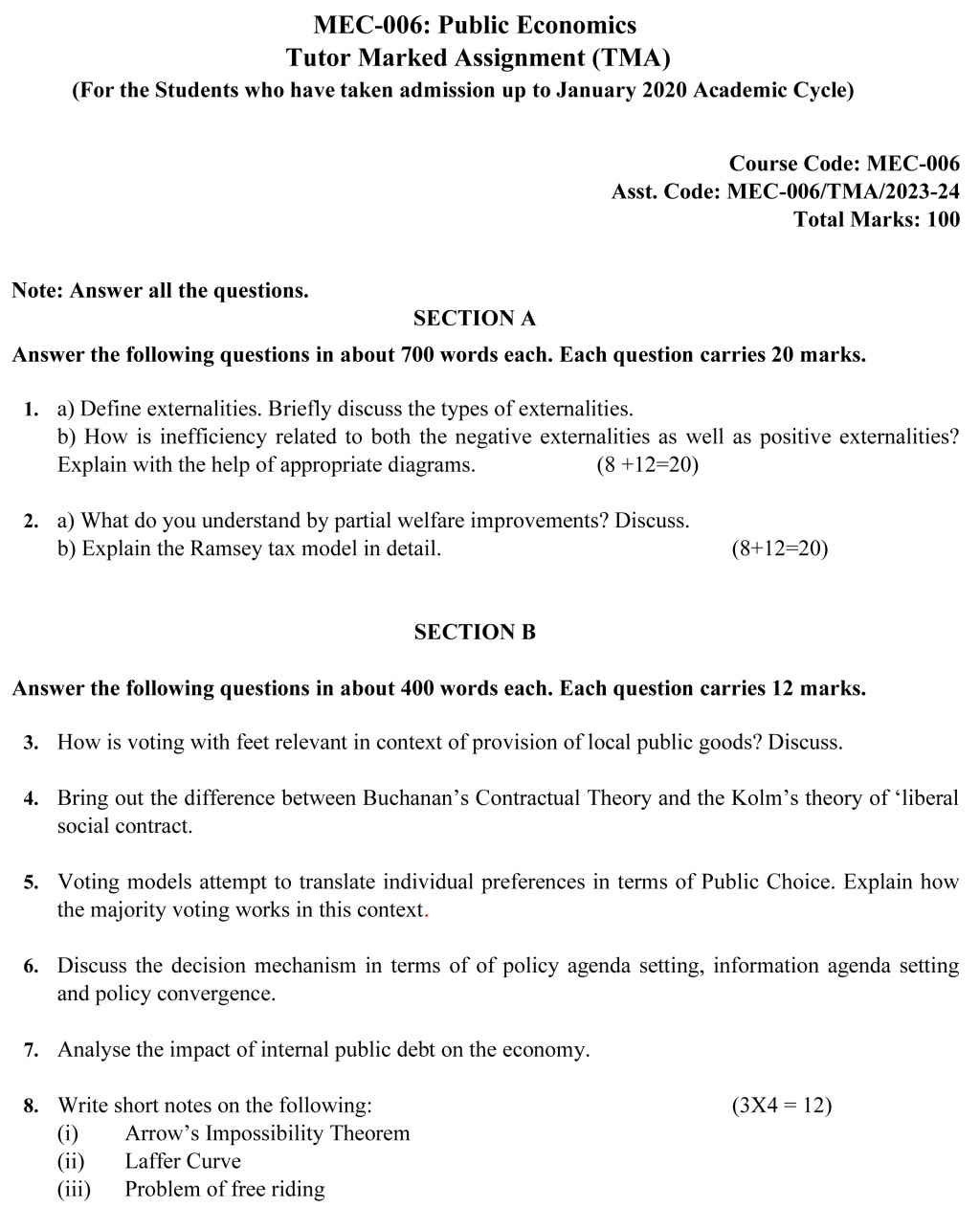 IGNOU MEC-06 - Public Economics Latest Solved Assignment-July 2023 – January 2024