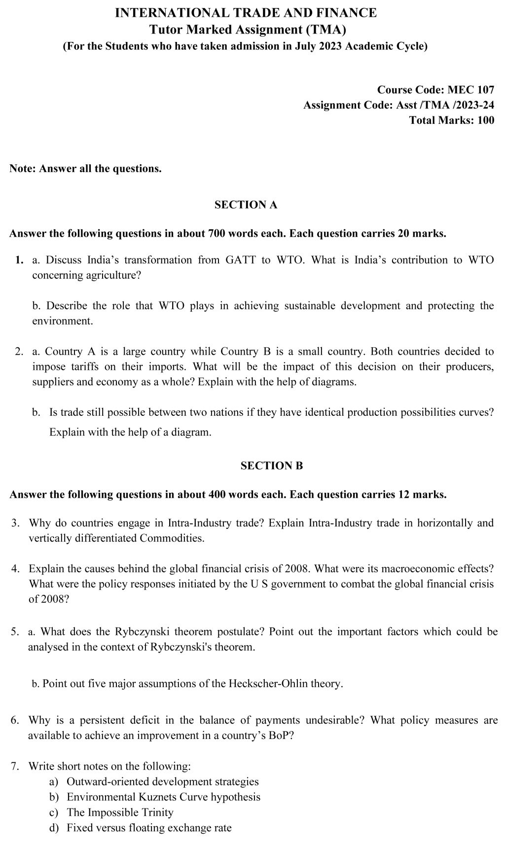 IGNOU MEC-107 - International Trade and Development Latest Solved Assignment-July 2023 - January 2024