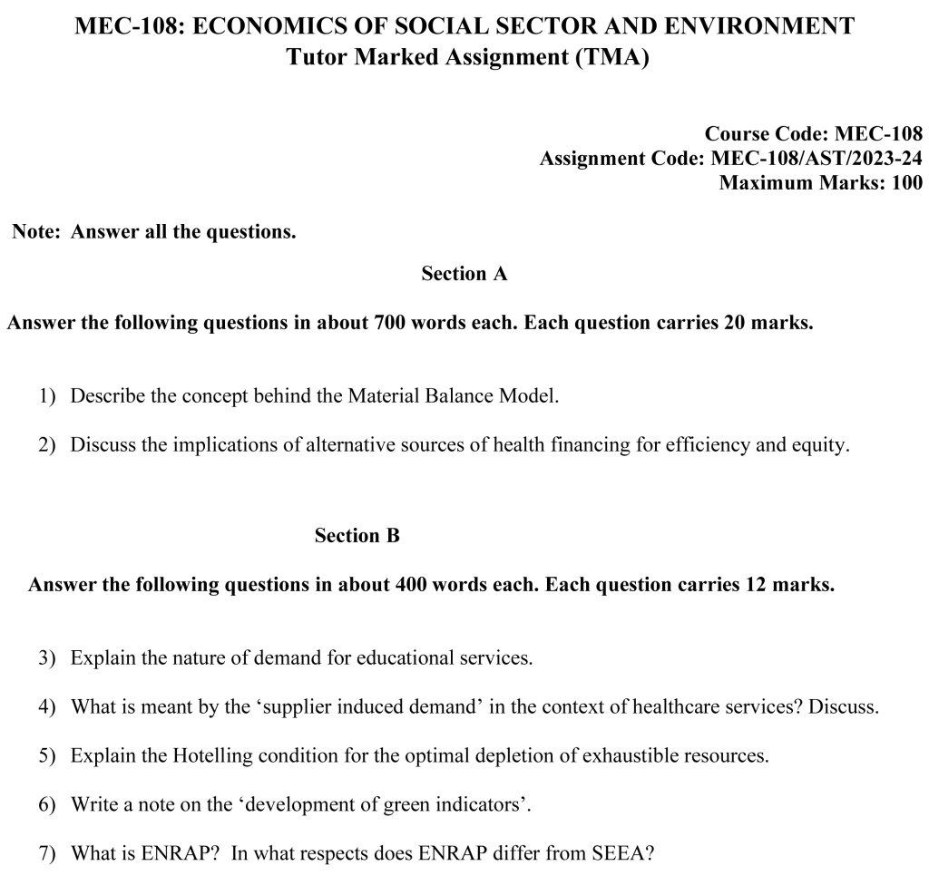 IGNOU MEC-108 - Economics of Social Sector and Environment Latest Solved Assignment-July 2023 – January 2024