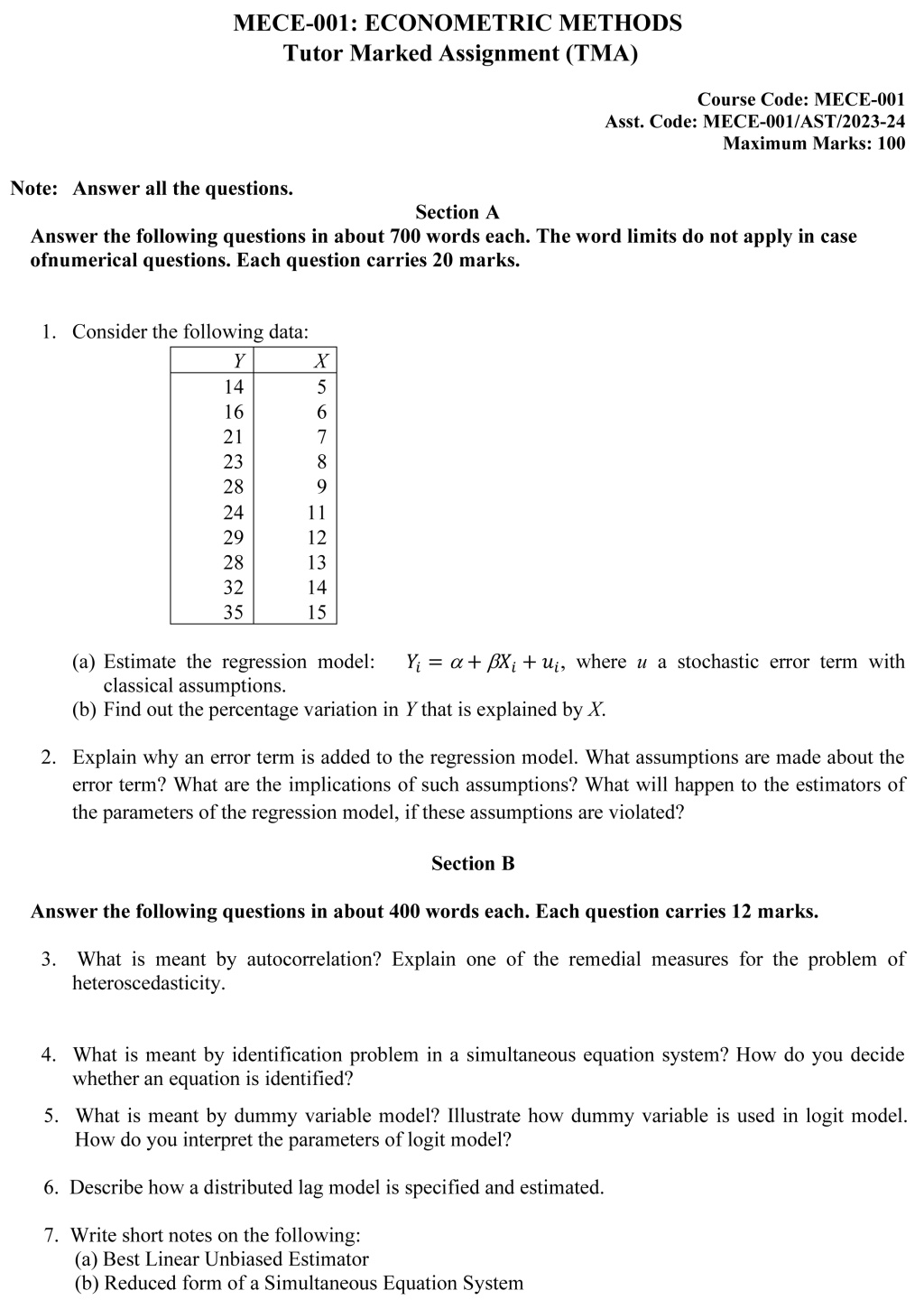 IGNOU MECE-01 - Econometric Methods Latest Solved Assignment-July 2023 – January 2024