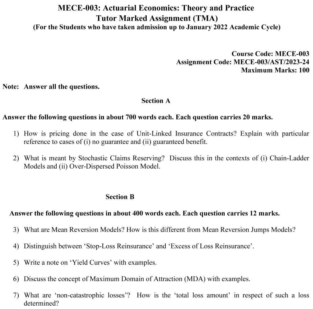 IGNOU MECE-03 - Actuarial Economics: Theory and Practice Latest Solved Assignment-July 2023 – January 2024