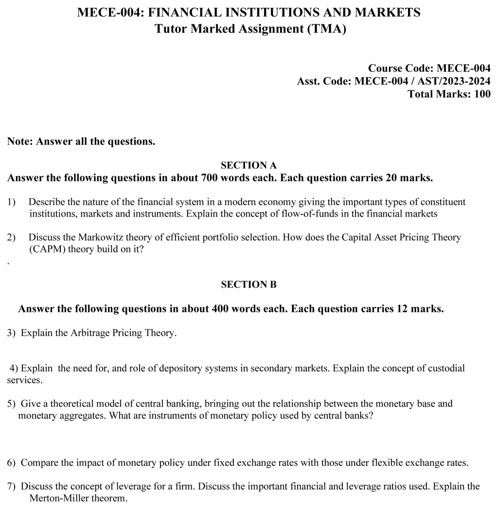 IGNOU MECE-04 - Financial Institutions and Markets Latest Solved Assignment-July 2023 - January 2024