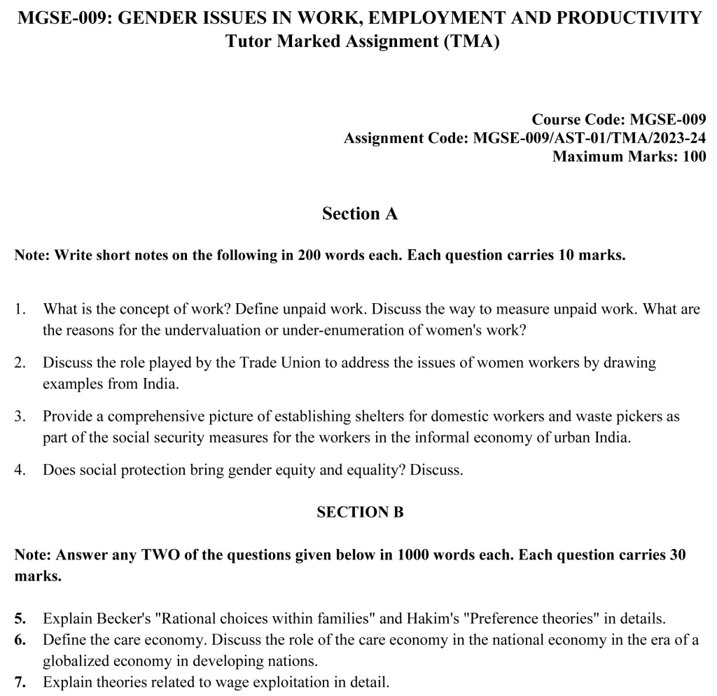 IGNOU MGSE-09 - Gender Issues in Work Employment and Productivity Latest Solved Assignment-July 2023 – January 2024