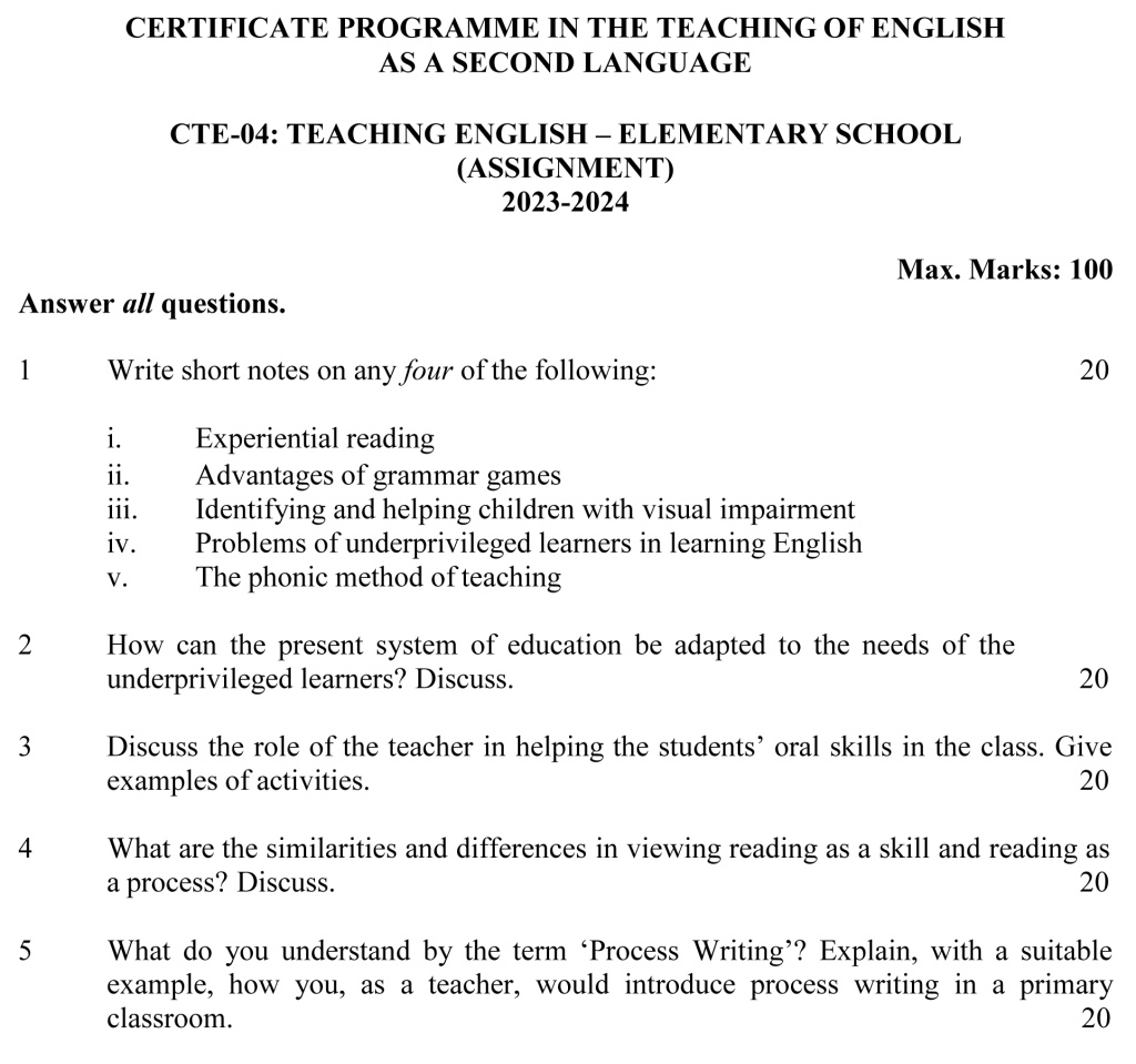 IGNOU CTE-04 - Teaching English-Elementary School, Latest Solved Assignment-July 2023 – January 2024