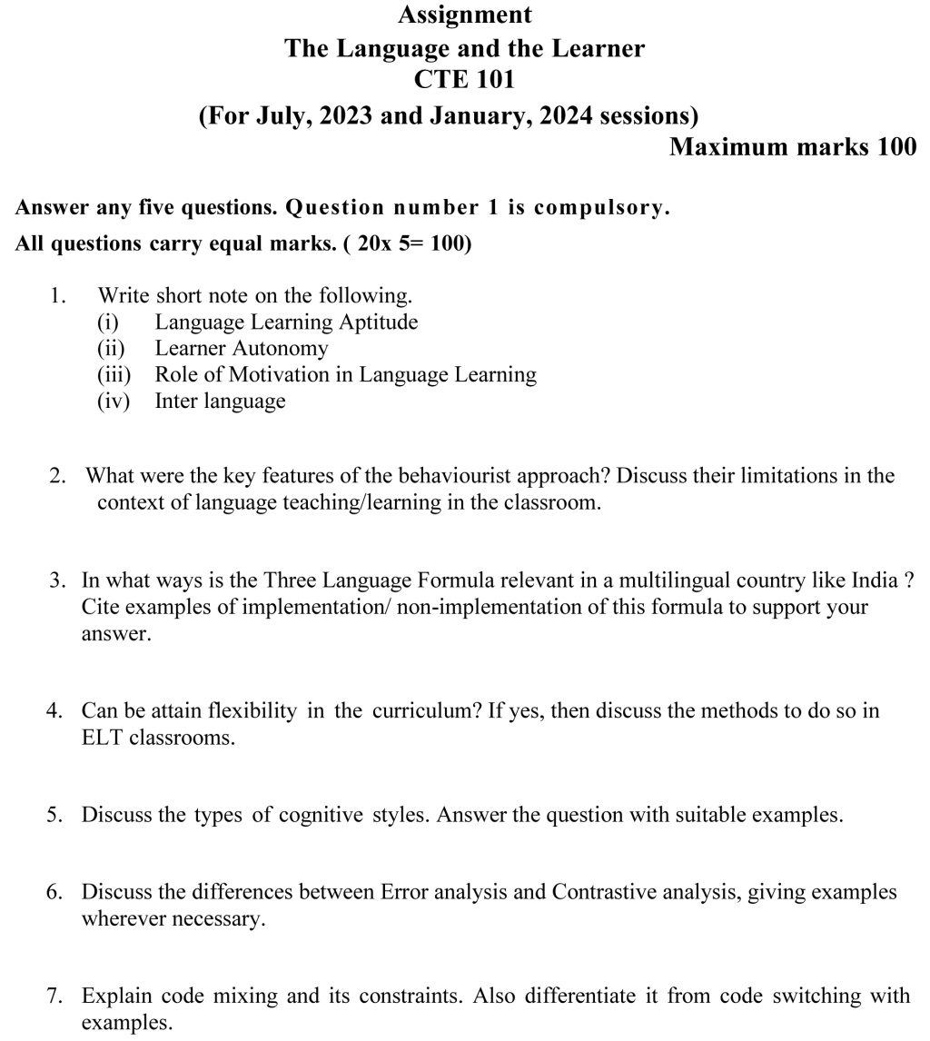 IGNOU CTE-101 - The Language Learner, Latest Solved Assignment-July 2023 - January 2024