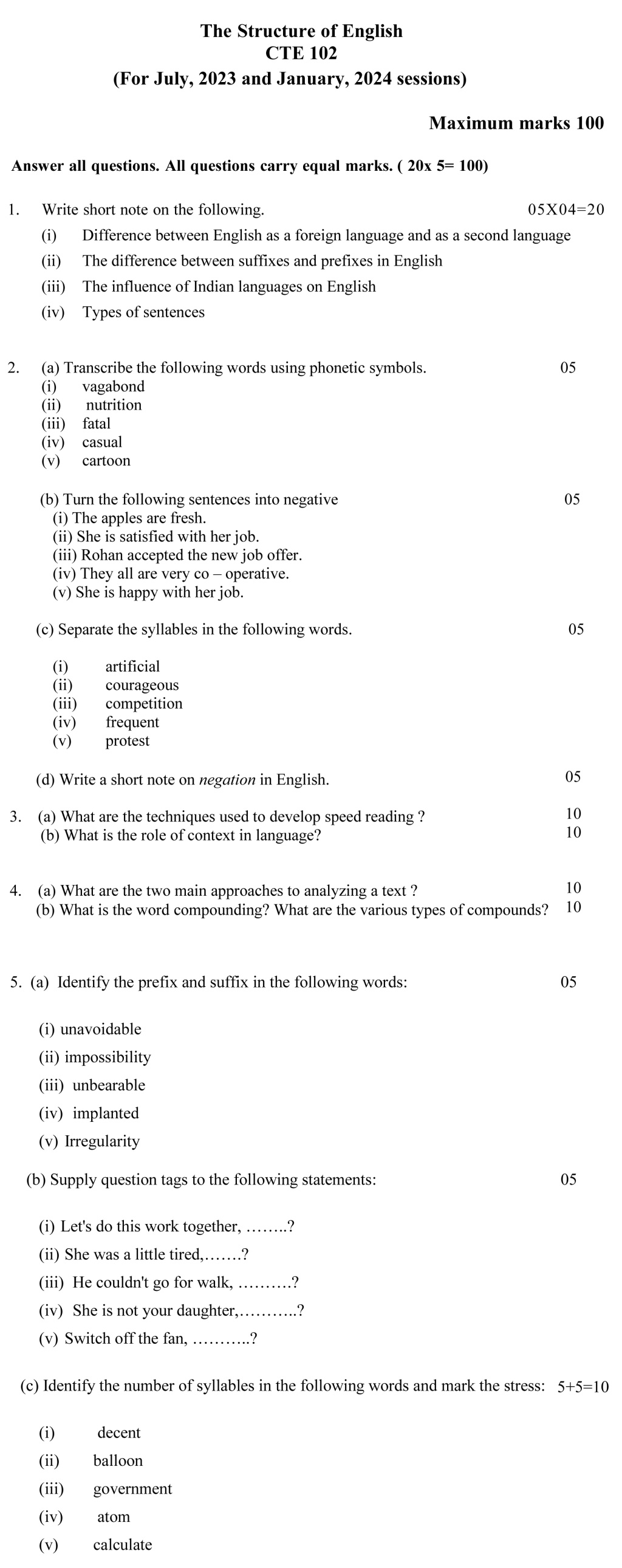 IGNOU CTE-102 - The Structure of English, Latest Solved Assignment-July 2023 - January 2024