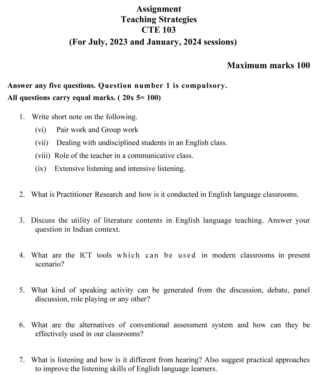 IGNOU CTE-103 - Teaching Strategies, Latest Solved Assignment-July 2023 - January 2024