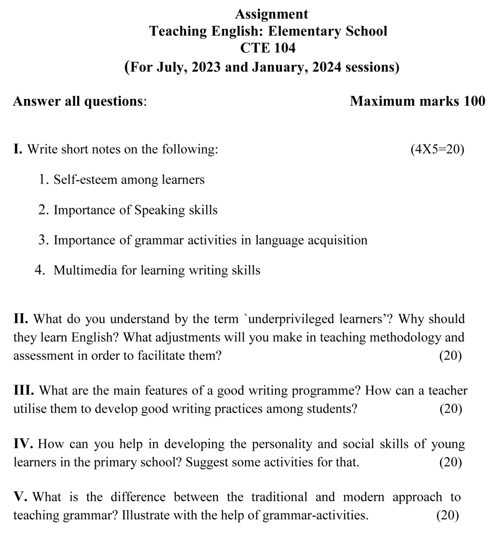 IGNOU CTE-104 - Teaching English-Elementary School, Latest Solved Assignment-July 2023 - January 2024