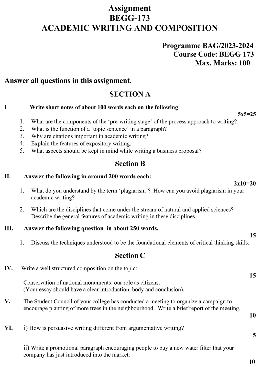 IGNOU BEGG-173 - Academic Writing & Composition Latest Solved Assignment-July 2023 – January 2024