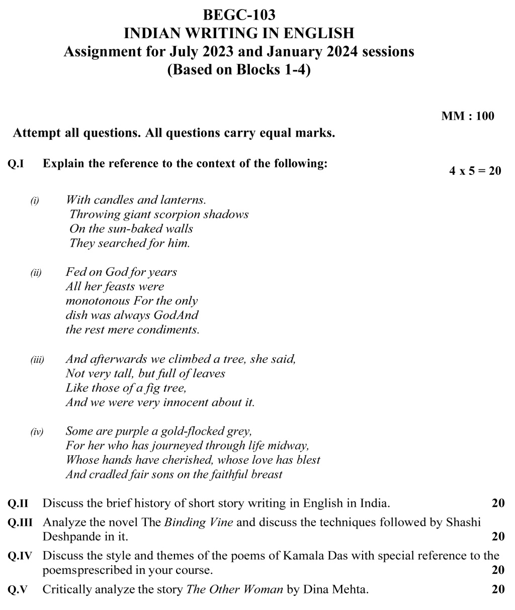IGNOU BEGC-103 - Indian Writing in English, Latest Solved Assignment -July 2023 – January 2024