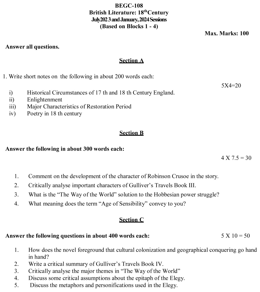 IGNOU BEGC-108 - British Literature: 18th Century, Latest Solved Assignment-July 2023 – January 2024