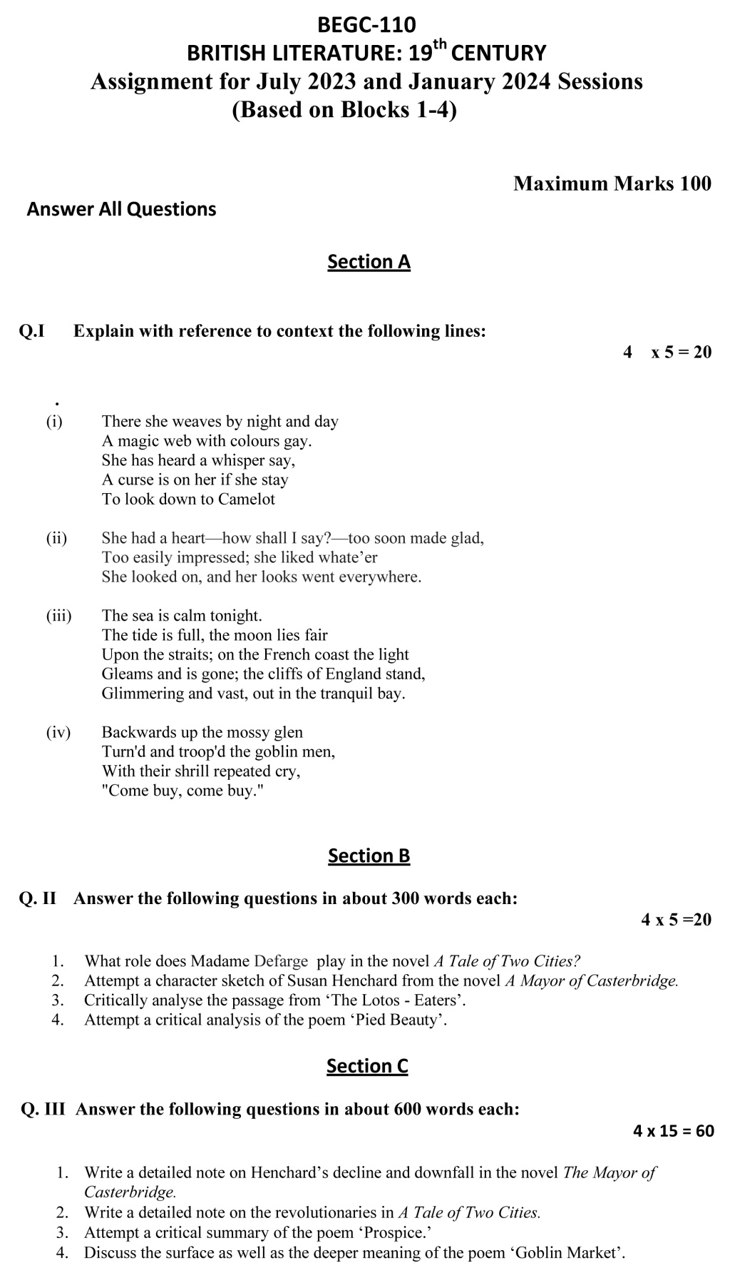 IGNOU BEGC-110 - British Literature: 19th Century, Latest Solved Assignment-July 2023 – January 2024