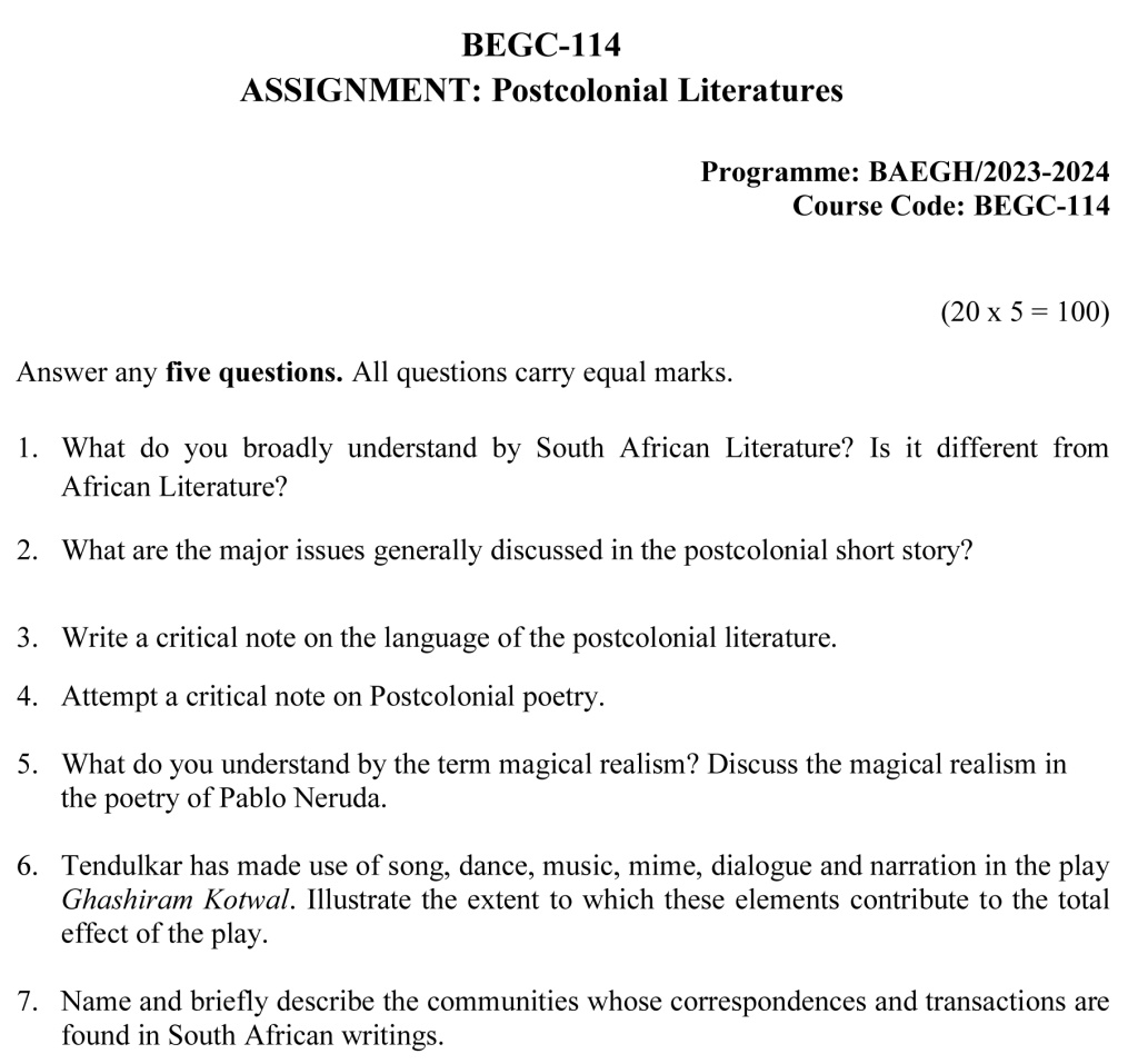 IGNOU BEGC-114 - Postcolonial Literatures Latest Solved Assignment-July 2023 – January 2024