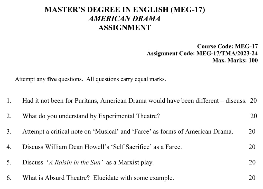 IGNOU MEG-17 - American Drama l Latest Solved Assignment-July 2023 – January 2024