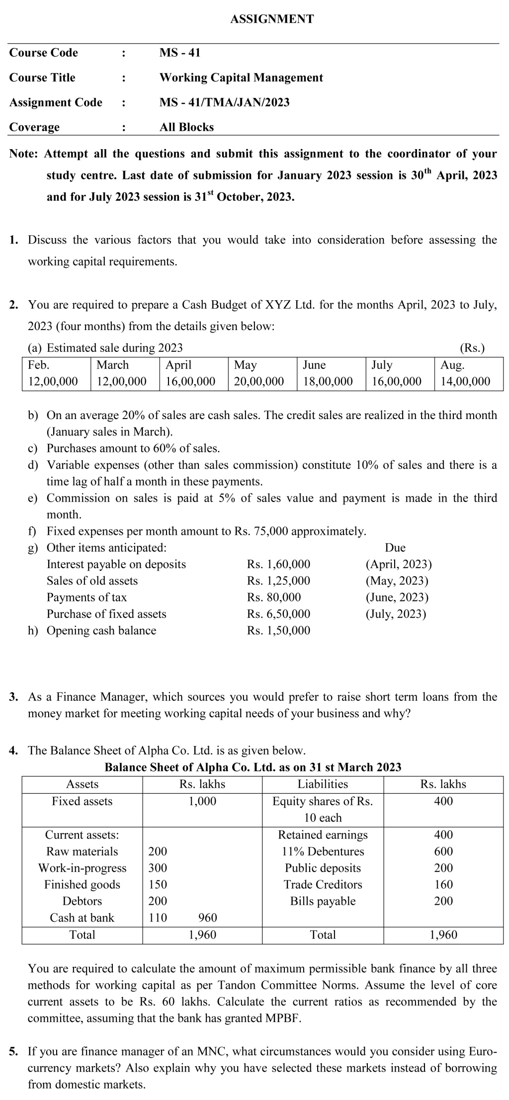 IGNOU MS-41 - Working Capital Management Latest Solved Assignment-January 2023 - July 2023