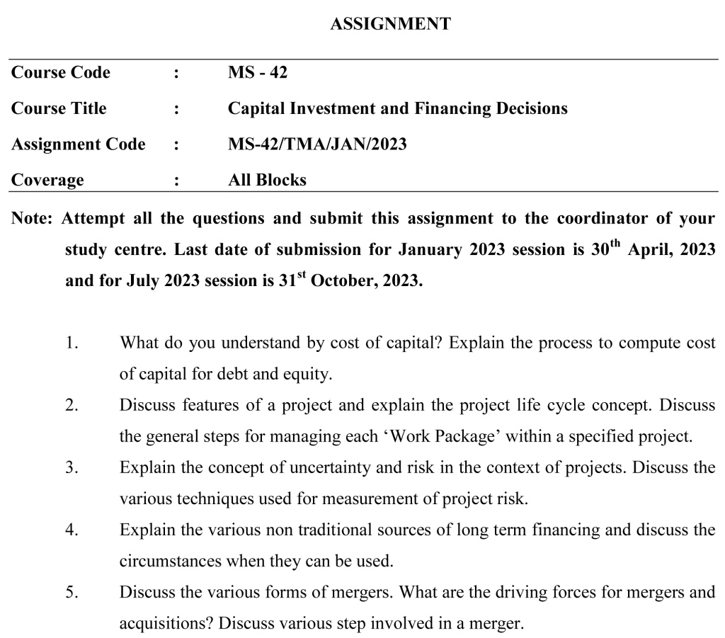 IGNOU MS-42 - Capital Investment and Financing Decision Latest Solved Assignment-January 2023 - July 2023