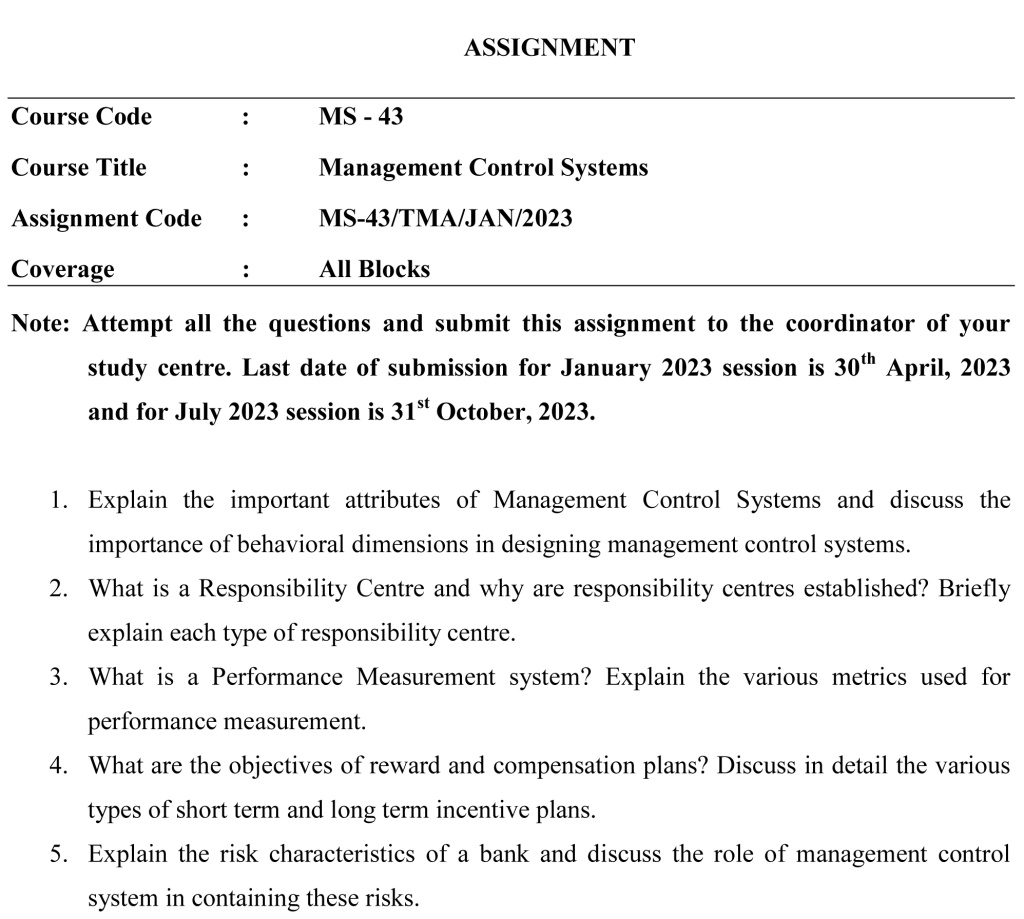 IGNOU MS-43 - Management Control Systems Latest Solved Assignment-January 2023 - July 2023