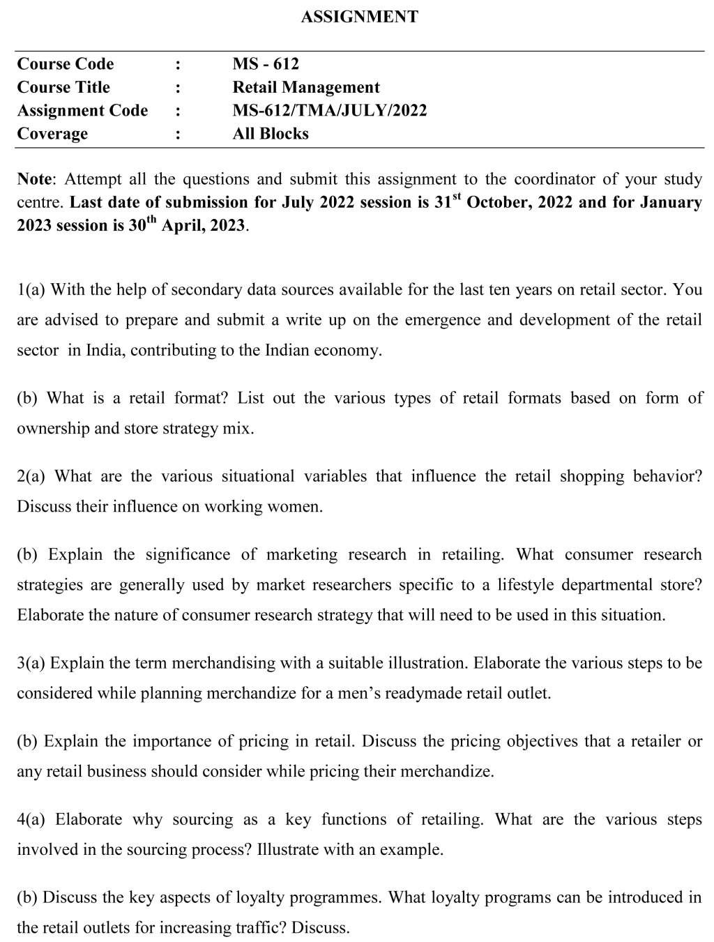 IGNOU MS-612 - Retail Management Latest Solved Assignment-January 2023 - July 2023