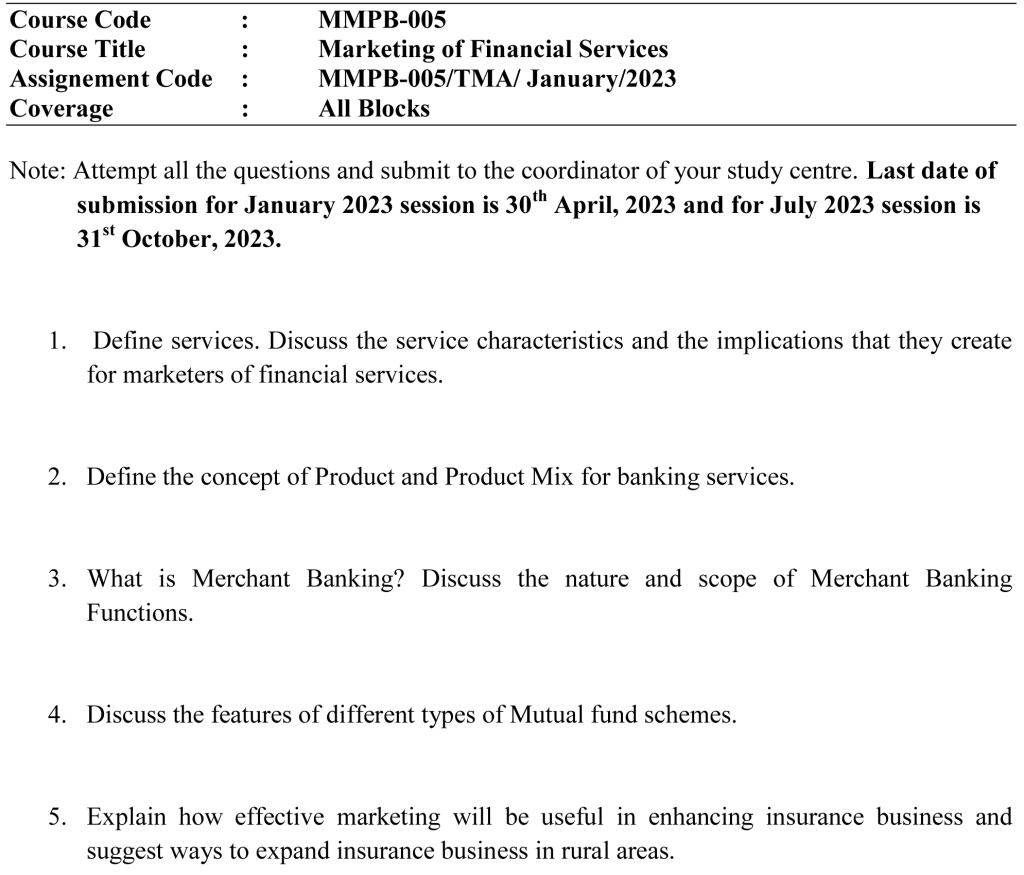 IGNOU MMPB-05 - Marketing of Financial Services Latest Solved Assignment-January 2023 - July 2023