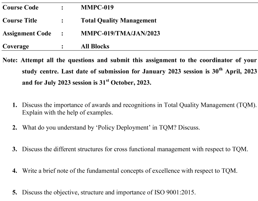 IGNOU MMPC-19 - Total Quality Management Latest Solved Assignment-January 2023 - July 2023