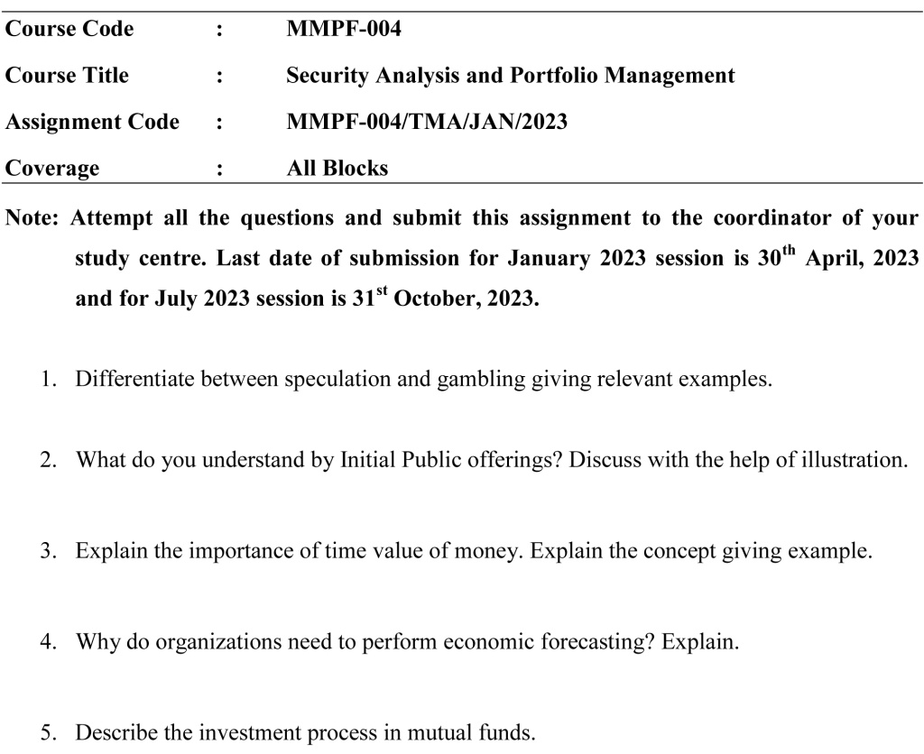 IGNOU MMPF-04 - Security Analysis and Portfolio Management Latest Solved Assignment-January 2023 - July 2023