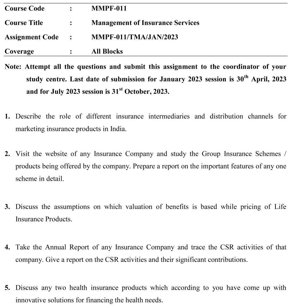 IGNOU MMPF-11 - Management of Insurance Services Latest Solved Assignment-January 2023 - July 2023