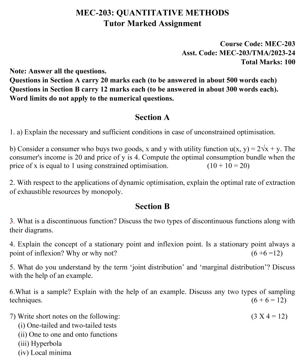 IGNOU MEC-203 - Quantitative Methods Latest Solved Assignment -July 2023 – January 2024