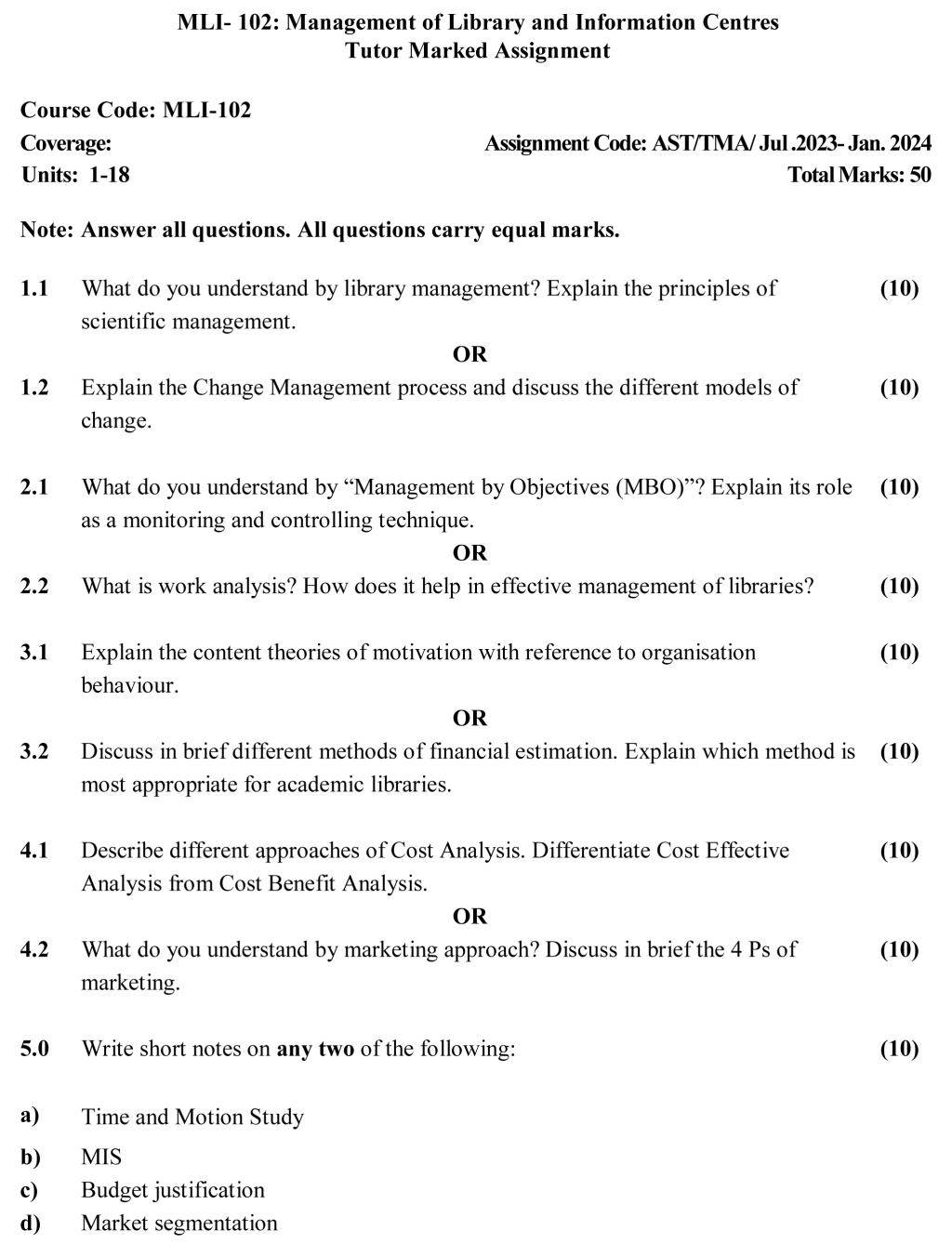 IGNOU MLI-102 - Management of Library and Information Centres, Latest Solved Assignment-July 2023 – January 2024