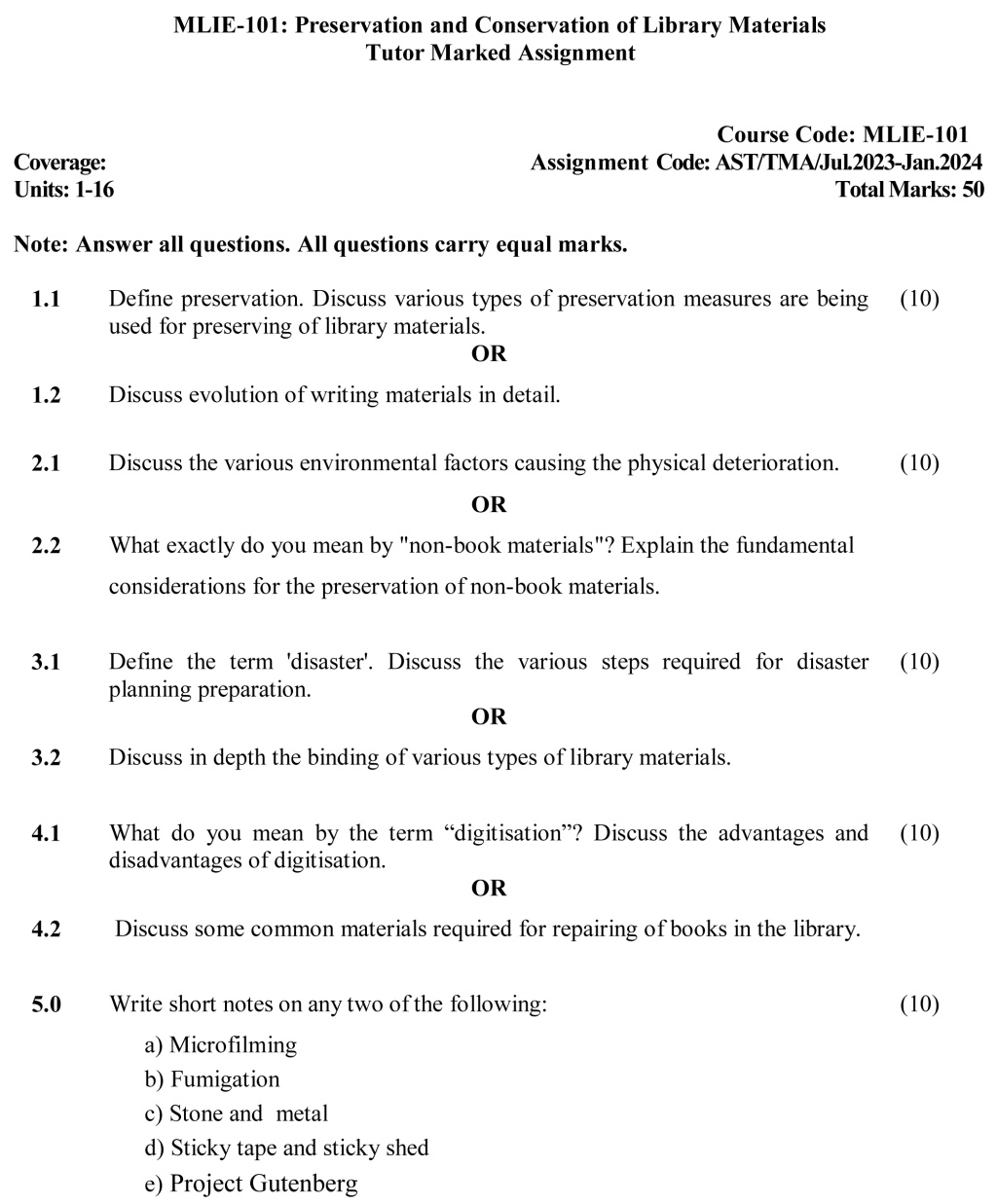 IGNOU MLIE-101 - Preservation and Conservation of Library Materials, Latest Solved Assignment-July 2023 – January 2024