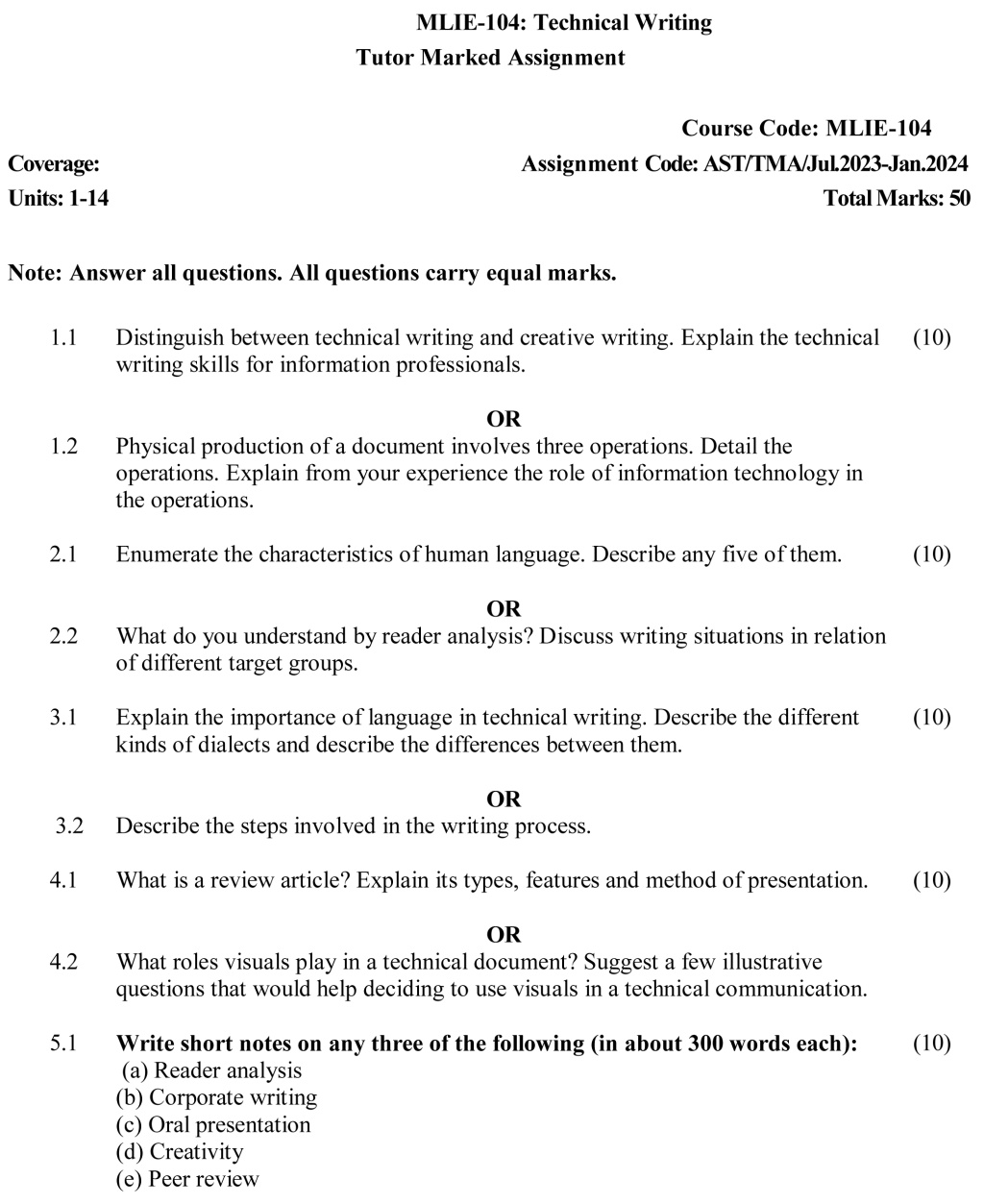 IGNOU MLIE-104 - Technical Writing, Latest Solved Assignment-July 2023 – January 2024