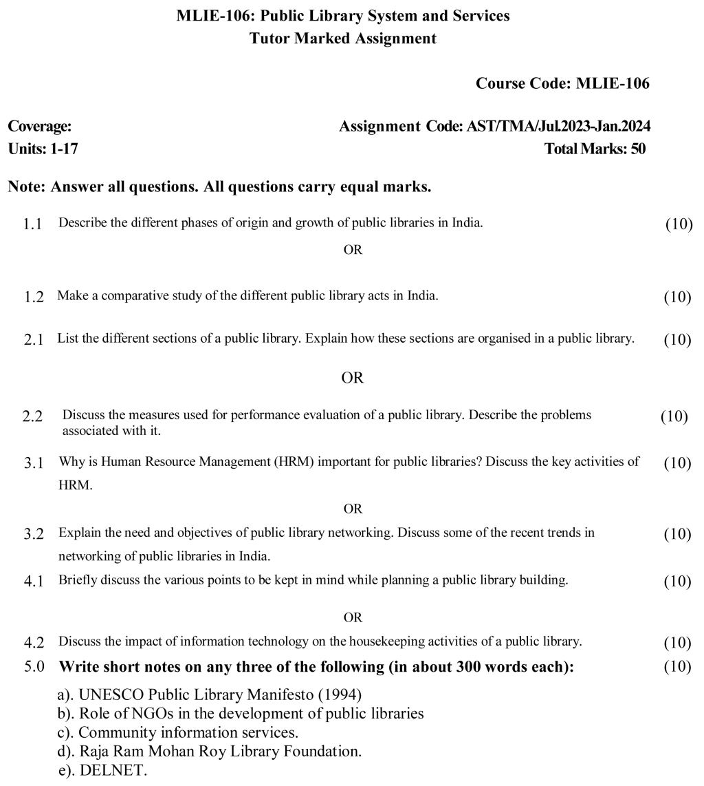 IGNOU MLIE-106 - Public Library System and Services, Latest Solved Assignment-July 2023 – January 2024