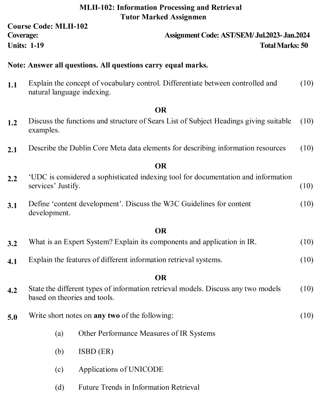 IGNOU MLII-102 - Information Processing and Retrieval, Latest Solved Assignment-July 2023 – January 2024