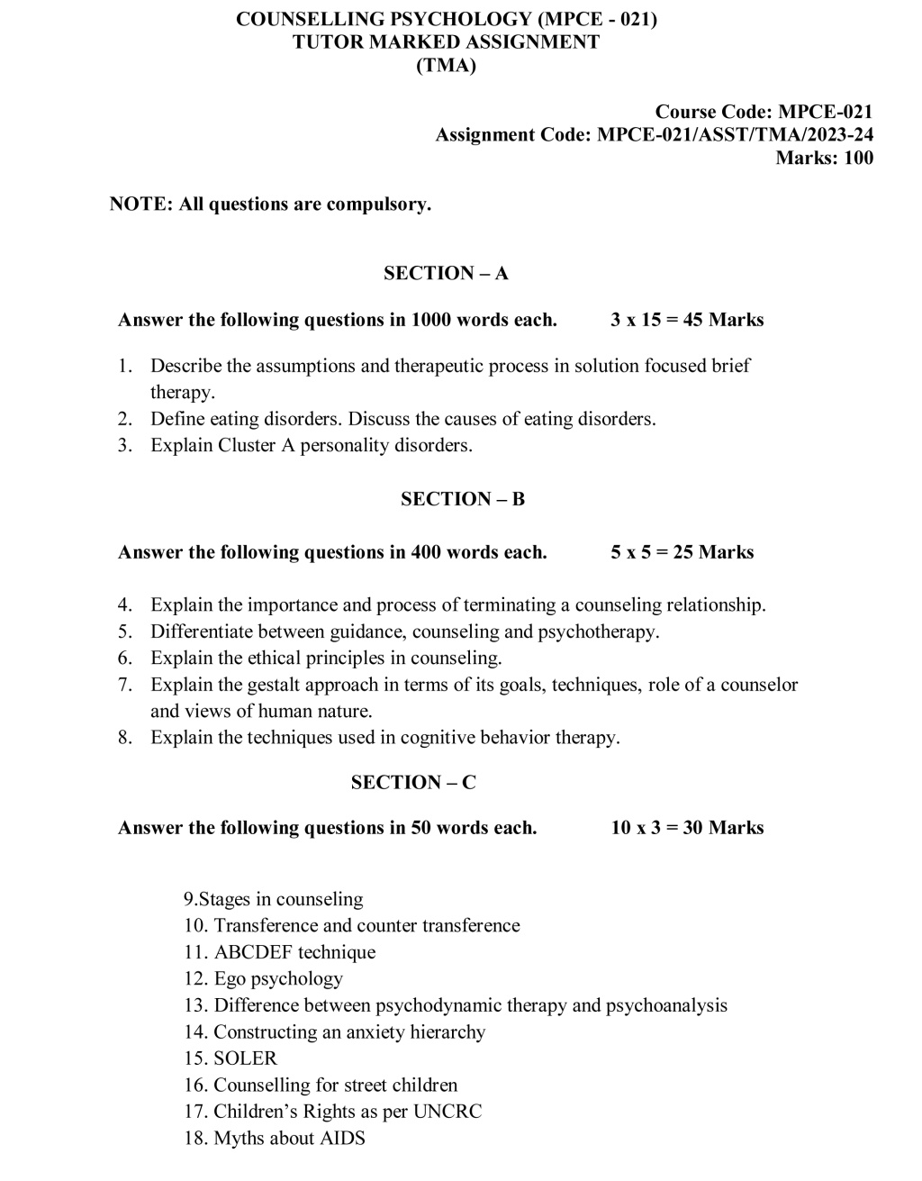 IGNOU MPCE-21 - Counselling Psychology Latest Solved Assignment-July 2023 - January 2024