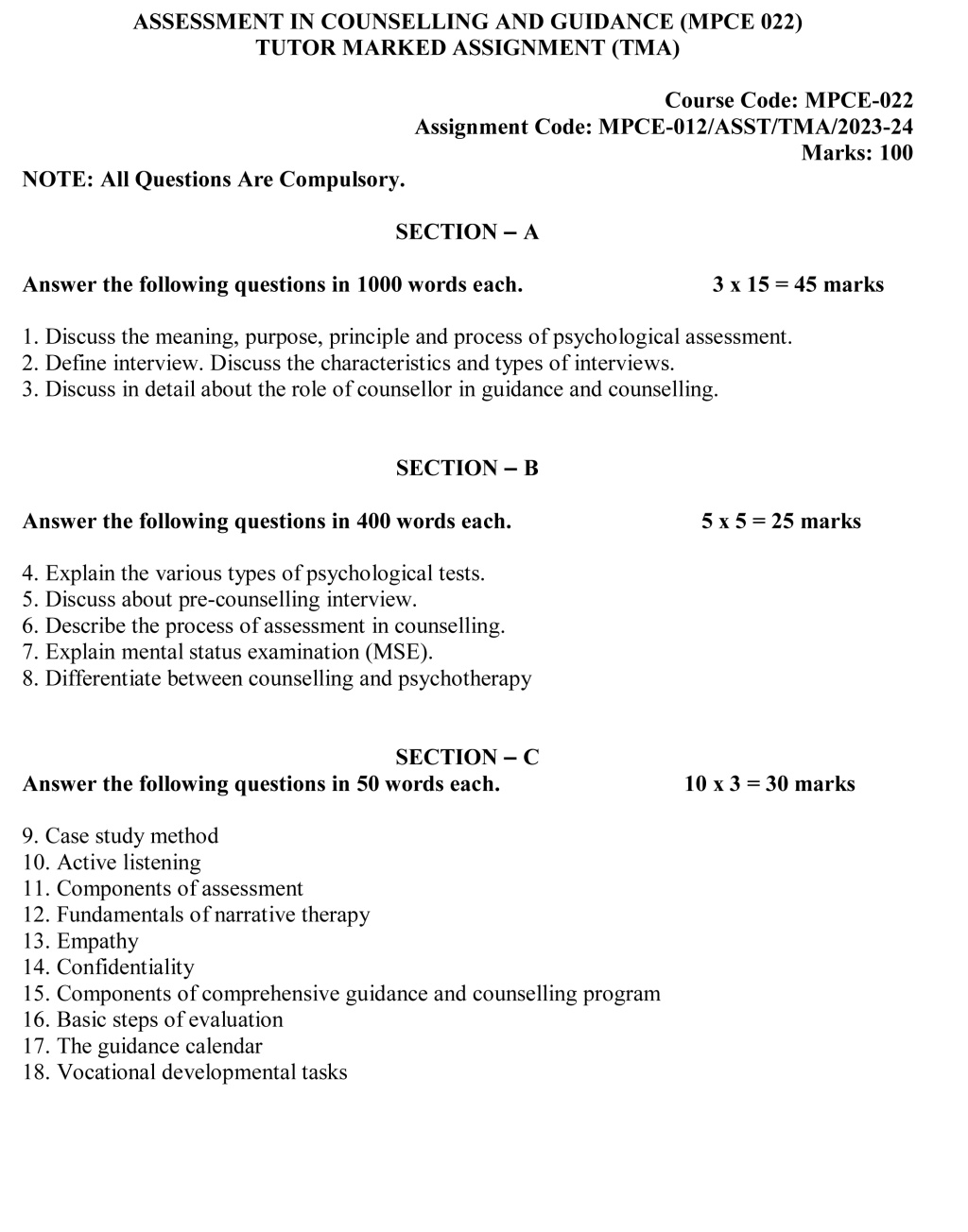 IGNOU MPCE-22 - Assessment in Counselling and Guidance Latest Solved Assignment-July 2023 - January 2024