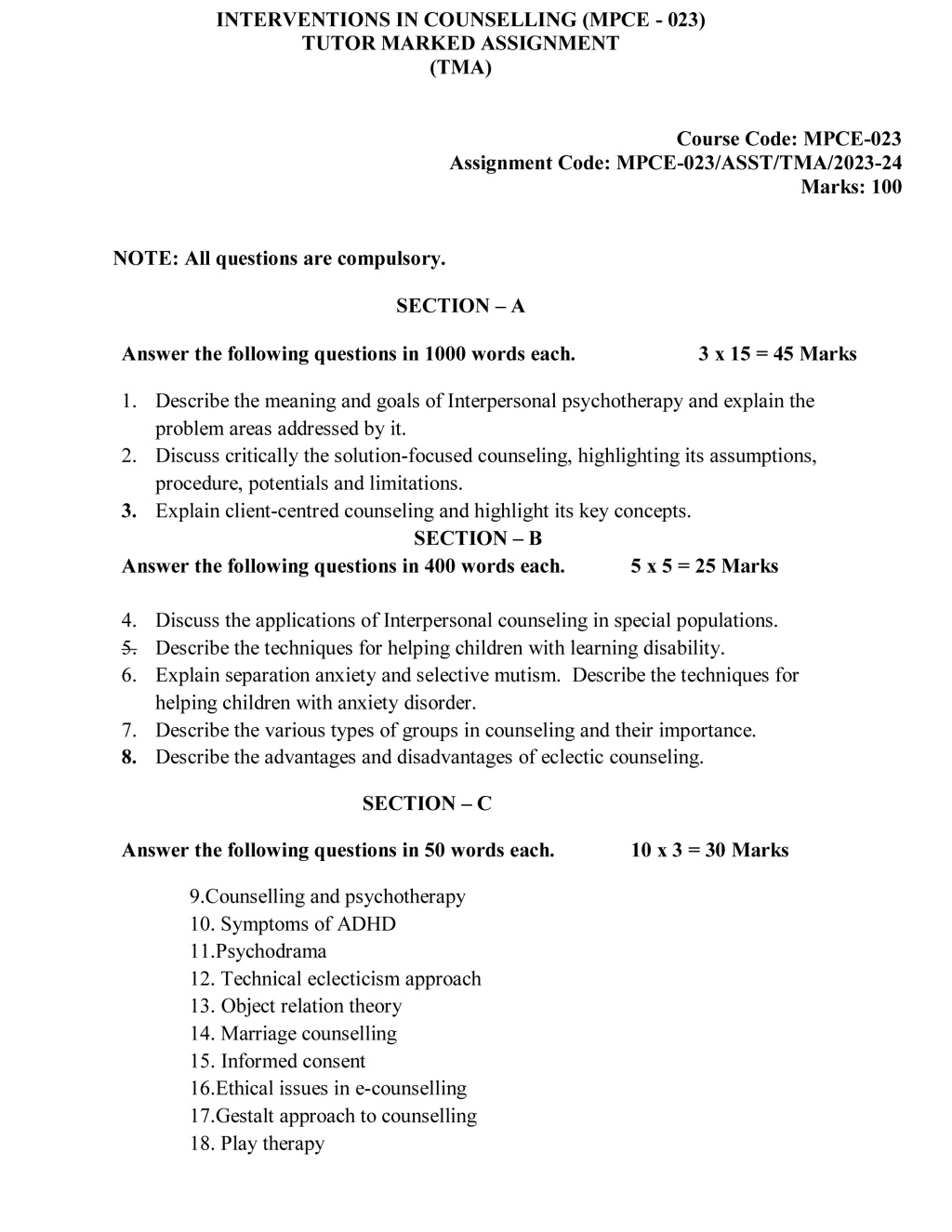 IGNOU MPCE-23 - Interventions in Counseling Latest Solved Assignment-July 2023 - January 2024