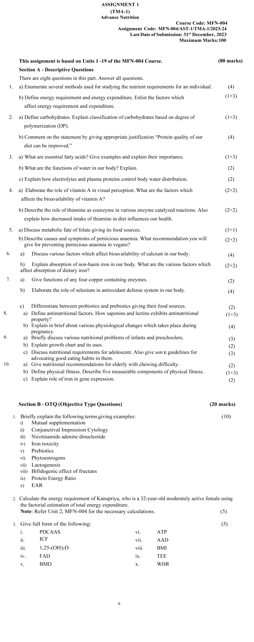 IGNOU MFN-04 - Advance Nutrition, Latest Solved Assignment-July 2023 – January 2024