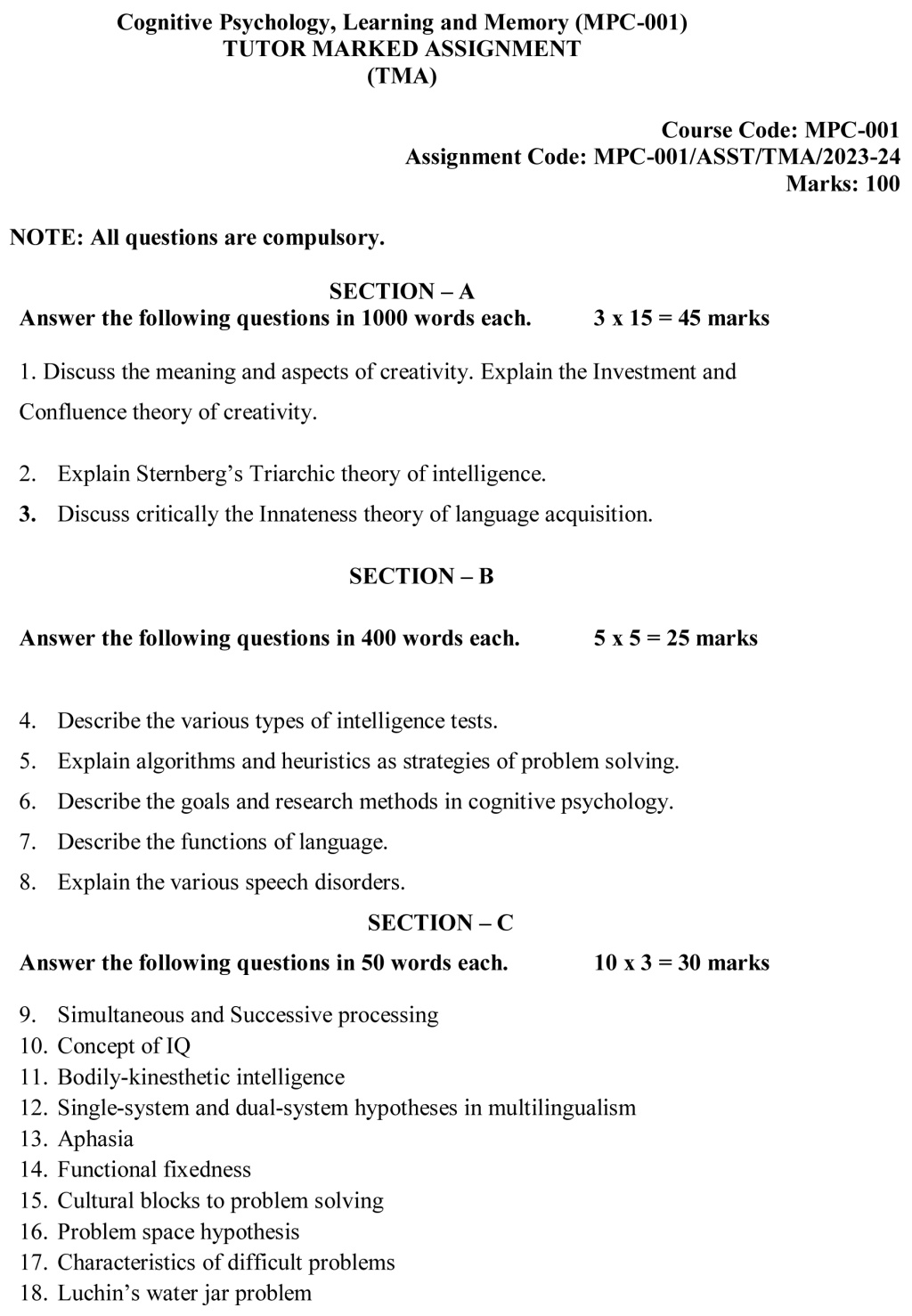 IGNOU MPC-01 - Cognitive Psychology, Learning and Memory Latest Solved Assignment-July 2023 - January 2024