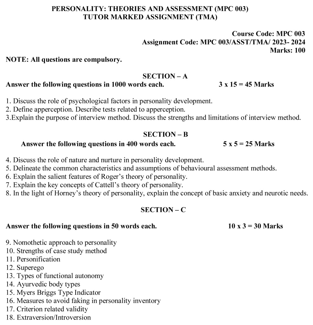 IGNOU MPC-03 - Personality: Theories and Assessment Latest Solved Assignment-July 2023 - January 2024