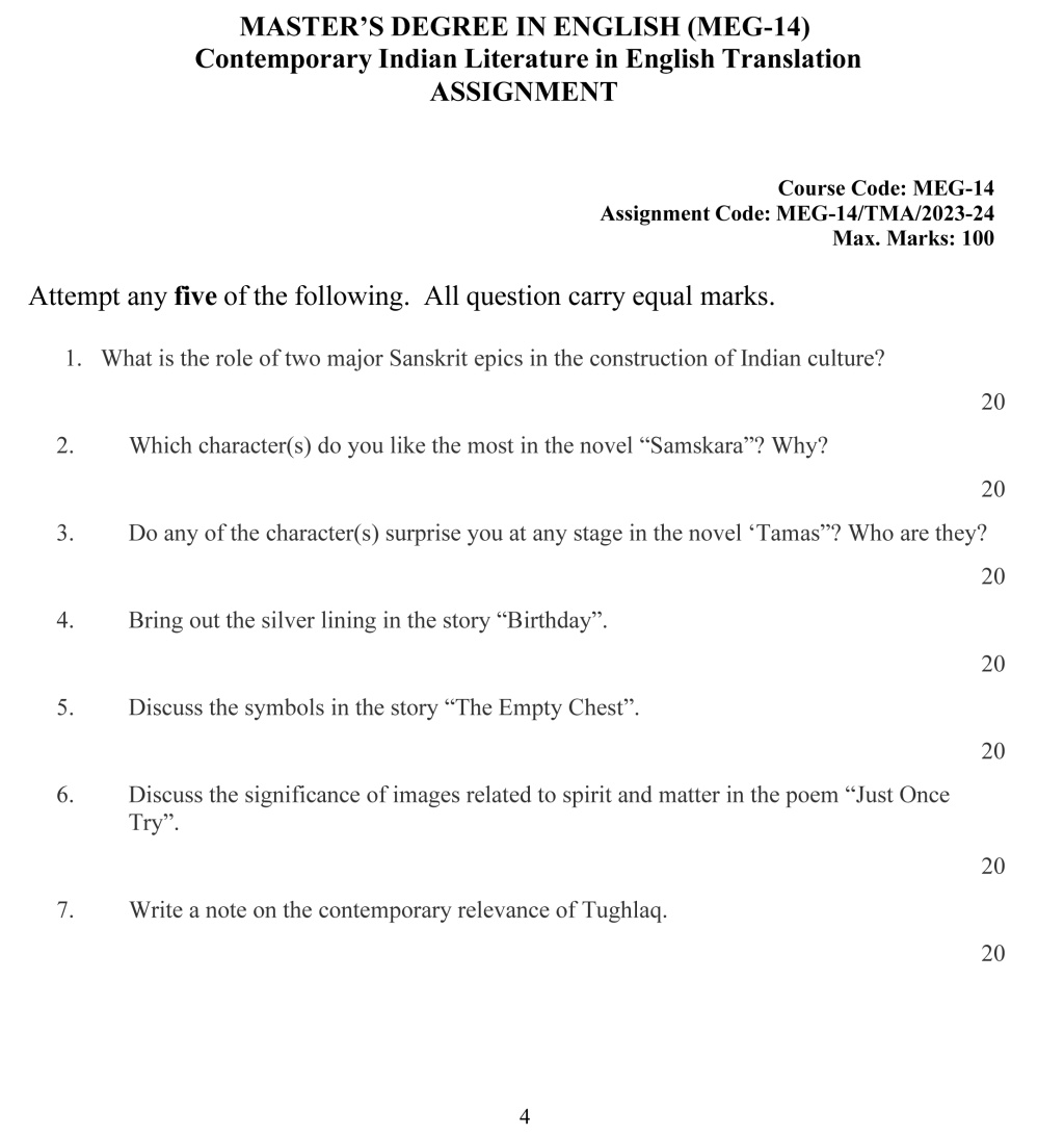 IGNOU MEG-14 - Contemporary Indian Literature in English Translation Latest Solved Assignment-July 2023 – January 2024