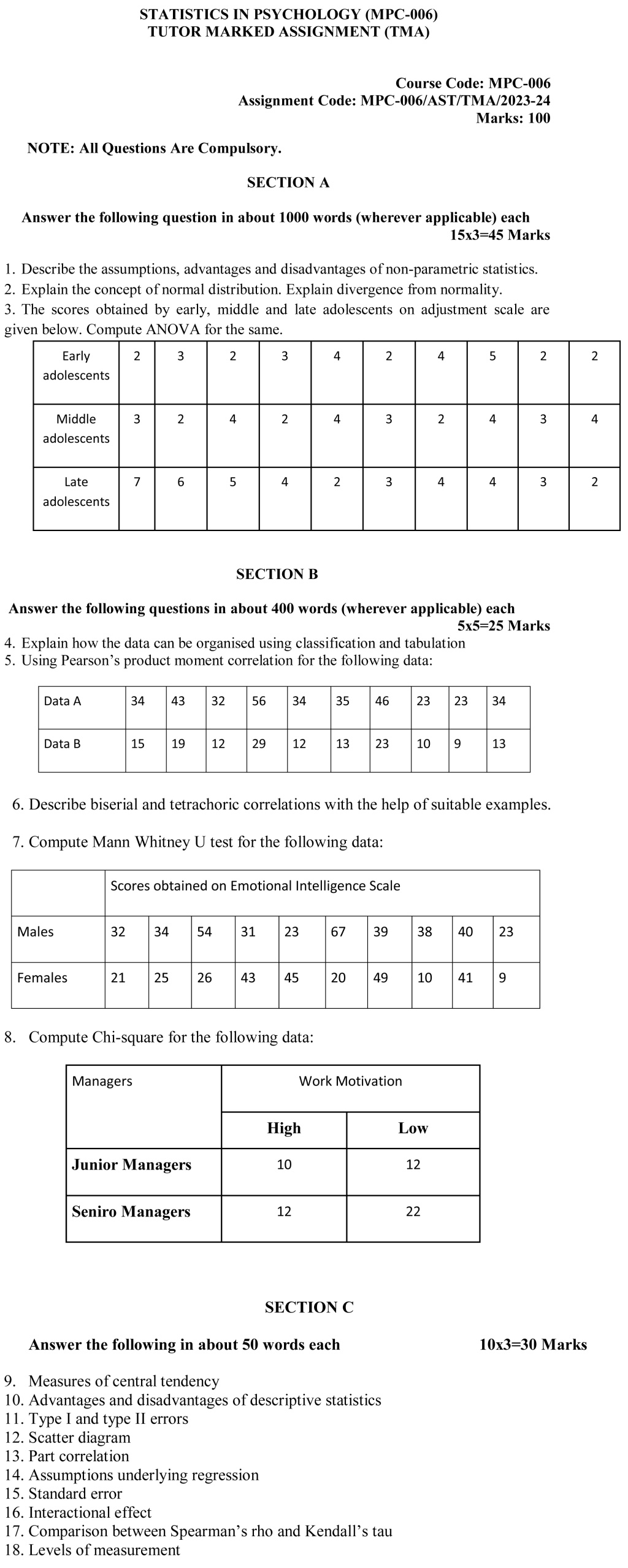 IGNOU MPC-06 - Statistics in Psychology Latest Solved Assignment-July 2023 - January 2024